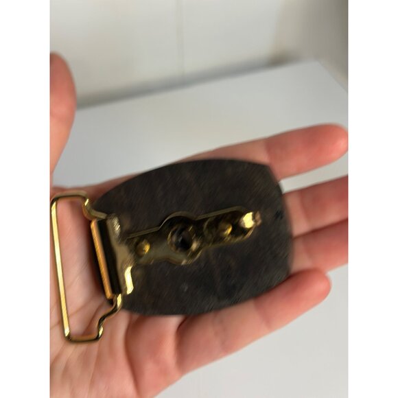 VTG Nautical Scrimshaw Sailing Ship Belt Buckle Brass Tone Wood Clipper 3" - Picture 4 of 6